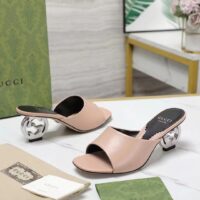 Gucci Women Interlocking G Heel Sandal Light Pink Leather Mid 7.6 CM Heel (5)