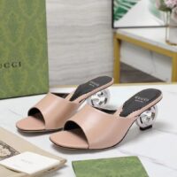 Gucci Women Interlocking G Heel Sandal Light Pink Leather Mid 7.6 CM Heel (5)