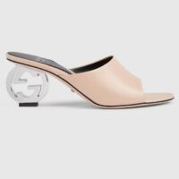 Gucci Women Interlocking G Heel Sandal Light Pink Leather Mid 7.6 CM Heel (5)