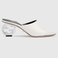 Gucci Women Interlocking G Heel Sandal White Leather Mid 7.6 CM Heel