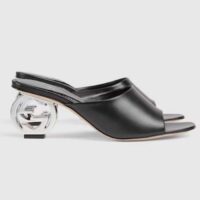 Gucci Women Interlocking G Heel Slide Black Leather Mid 7.6 CM Heel (11)