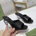 Gucci Women Interlocking G Heel Slide Black Leather Mid 7.6 CM Heel – Image 7
