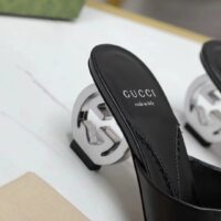 Gucci Women Interlocking G Heel Slide Black Leather Mid 7.6 CM Heel (11)