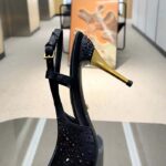 Gucci Women Slingback Pump Crystals Black Silk Satin Pointed Toe Metallic High Heel - Image 8