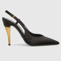 Gucci Women Slingback Pump Crystals Black Silk Satin Pointed Toe Metallic High Heel (5)