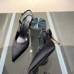 Gucci Women Slingback Pump Crystals Black Silk Satin Pointed Toe Metallic High Heel - Image 3