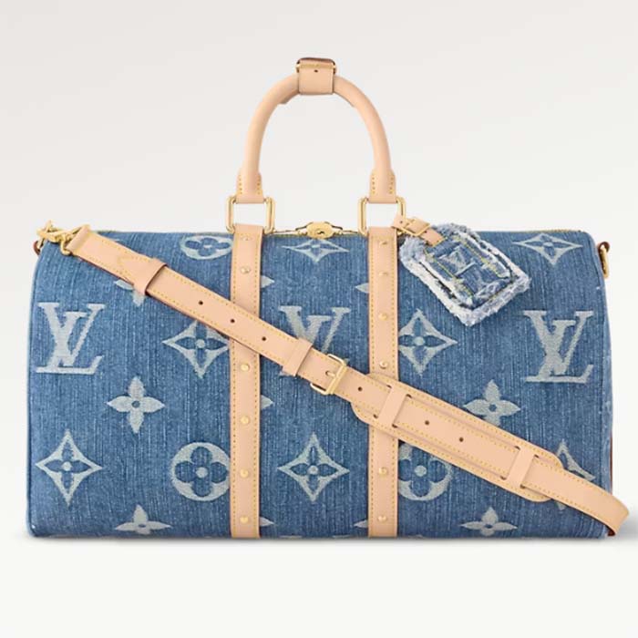 Louis Vuitton LV Unisex Keepall Bandoulière 45 Bleu Denim GOTS Certified Cotton Monogram Denim Canvas M24315
