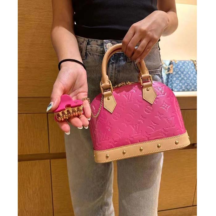 Louis Vuitton LV Women Alma BB Handbag Neon Pink Monogram Vernis Embossed Cowhide Leather M90611 (2)