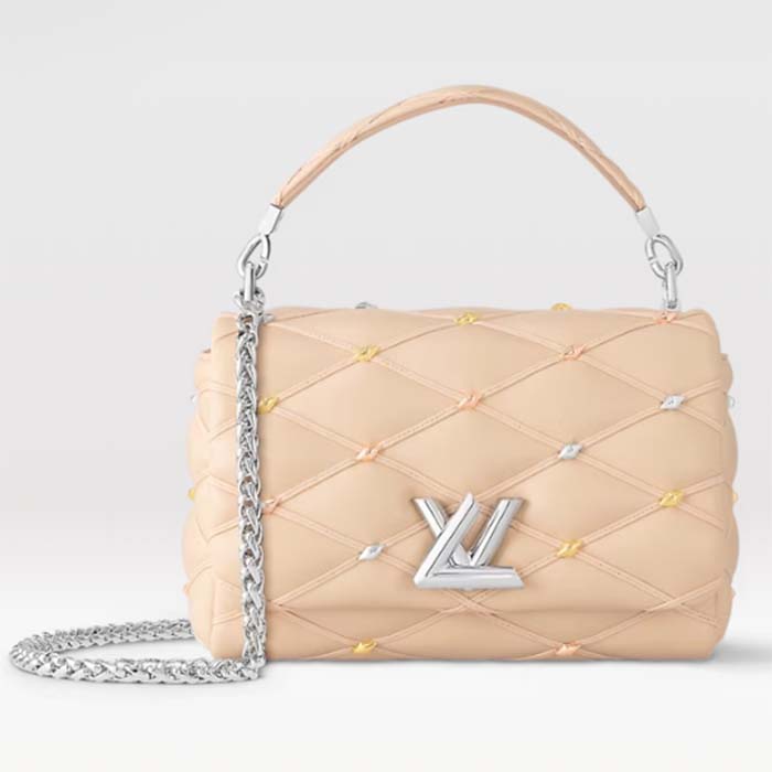 Louis Vuitton LV Women GO-14 MM Beige Lambskin Cowhide-Leather Flap Twist Lock M24151