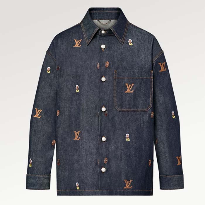 Louis Vuitton Men LV RUNWAY Embroidered Denim Overshirt Oversized Fit Indigo Cotton 1AFHVF