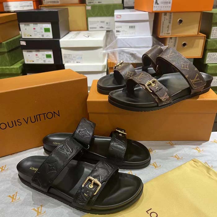 Louis Vuitton Unisex LV Bom Dia Flat Comfort Mule Black Monogram Lamb Leather 1ABVNC