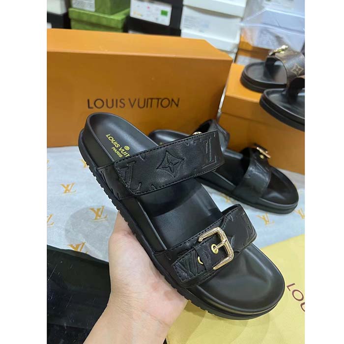 Louis Vuitton Unisex LV Bom Dia Flat Comfort Mule Black Monogram Lamb Leather 1ABVNC