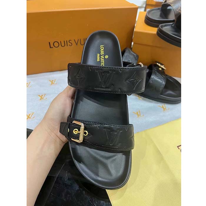 Louis Vuitton Unisex LV Bom Dia Flat Comfort Mule Black Monogram Lamb Leather 1ABVNC