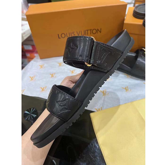 Louis Vuitton Unisex LV Bom Dia Flat Comfort Mule Black Monogram Lamb Leather 1ABVNC