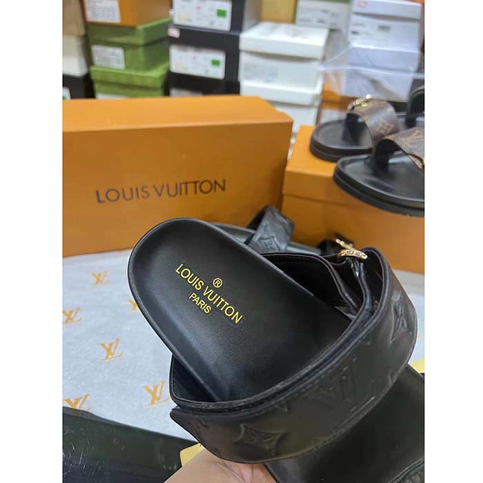 Louis Vuitton Unisex LV Bom Dia Flat Comfort Mule Black Monogram Lamb Leather 1ABVNC