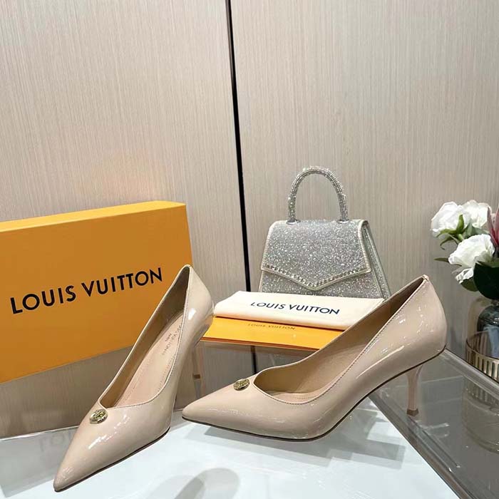 Louis Vuitton Women LV Blossom Pump Beige Patent Lambskin Leather Outsole 7.5 CM Heel (1)