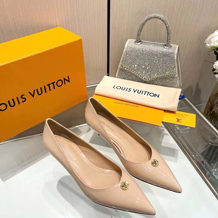 Louis Vuitton Women LV Blossom Pump Beige Patent Lambskin Leather Outsole Low Heel