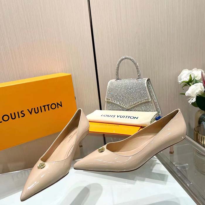Louis Vuitton Women LV Blossom Pump Beige Patent Lambskin Leather Outsole Low Heel
