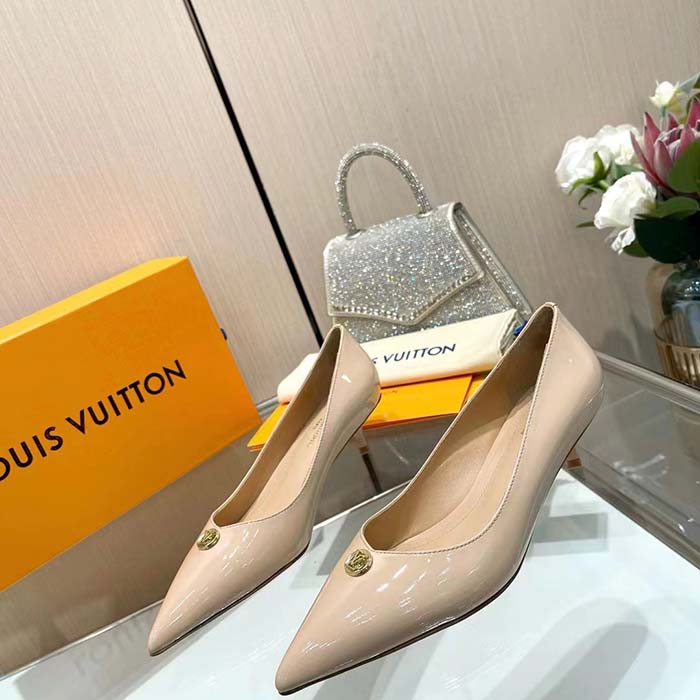 Louis Vuitton Women LV Blossom Pump Beige Patent Lambskin Leather Outsole Low Heel