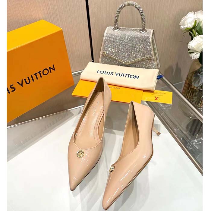 Louis Vuitton Women LV Blossom Pump Beige Patent Lambskin Leather Outsole Low Heel