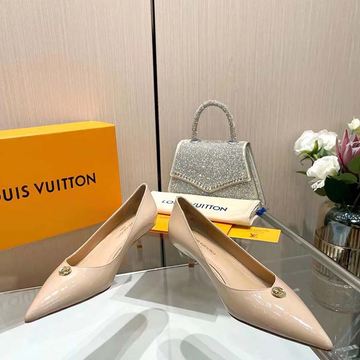 Louis Vuitton Women LV Blossom Pump Beige Patent Lambskin Leather Outsole Low Heel