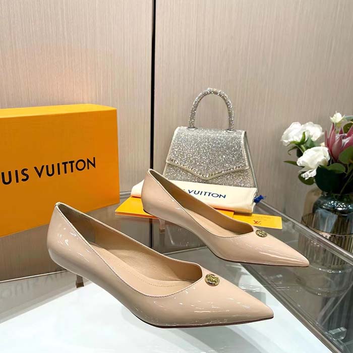 Louis Vuitton Women LV Blossom Pump Beige Patent Lambskin Leather Outsole Low Heel