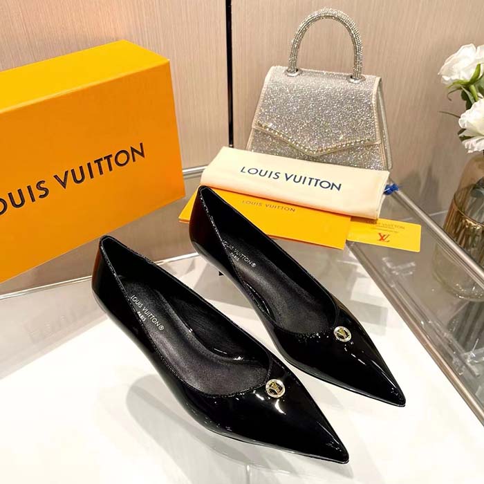Louis Vuitton Women LV Blossom Pump Black Patent Lambskin Leather Outsole Low Heel