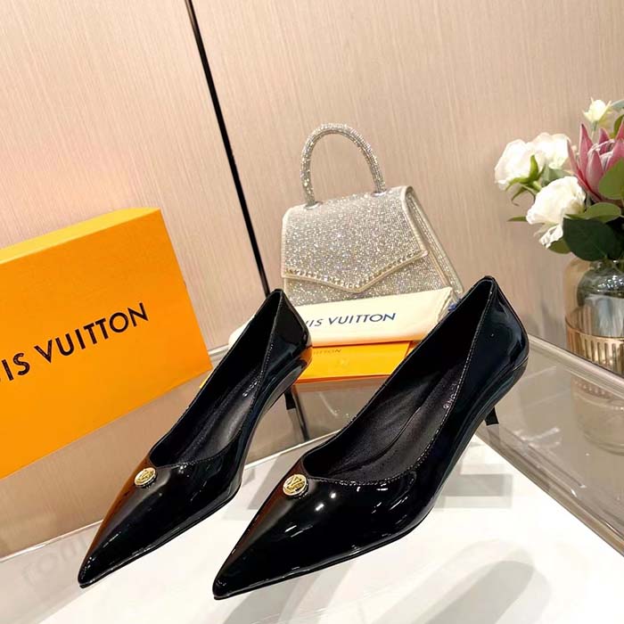 Louis Vuitton Women LV Blossom Pump Black Patent Lambskin Leather Outsole Low Heel (2)