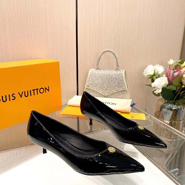 Louis Vuitton Women LV Blossom Pump Black Patent Lambskin Leather Outsole Low Heel (3)