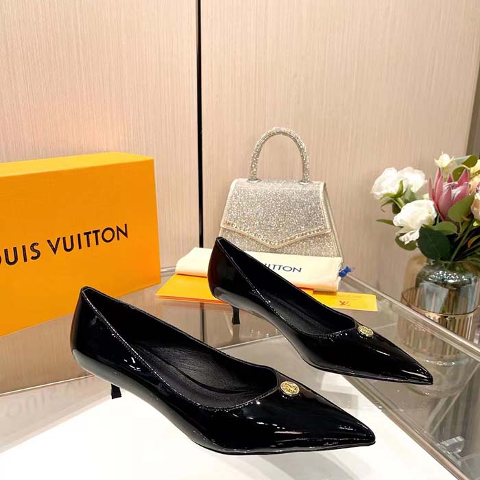 Louis Vuitton Women LV Blossom Pump Black Patent Lambskin Leather Outsole Low Heel