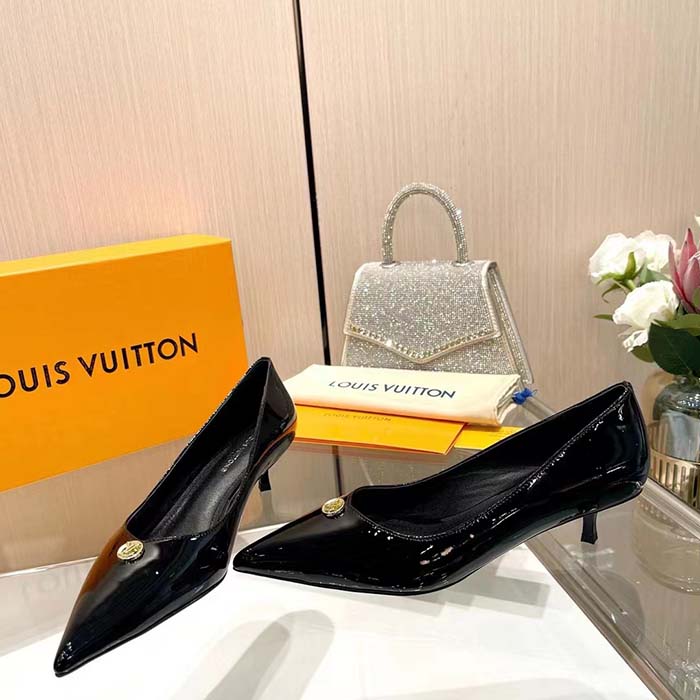 Louis Vuitton Women LV Blossom Pump Black Patent Lambskin Leather Outsole Low Heel (4)