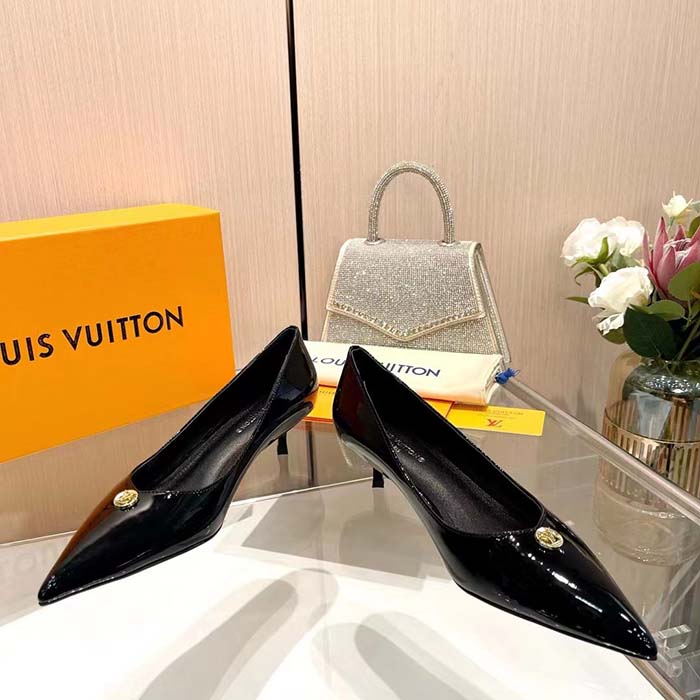 Louis Vuitton Women LV Blossom Pump Black Patent Lambskin Leather Outsole Low Heel