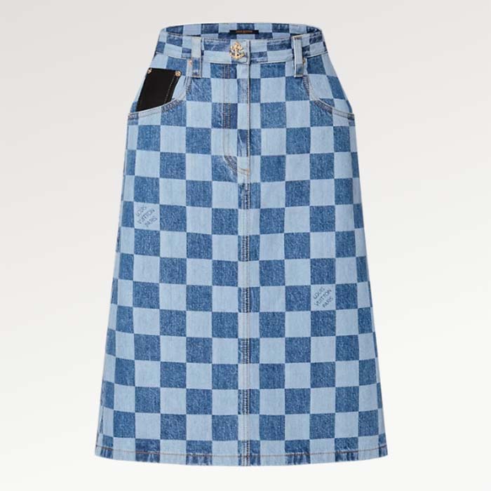 Louis Vuitton Women LV Damier Denim Skirt Cotton Blue Regular Fit 1AFGP2