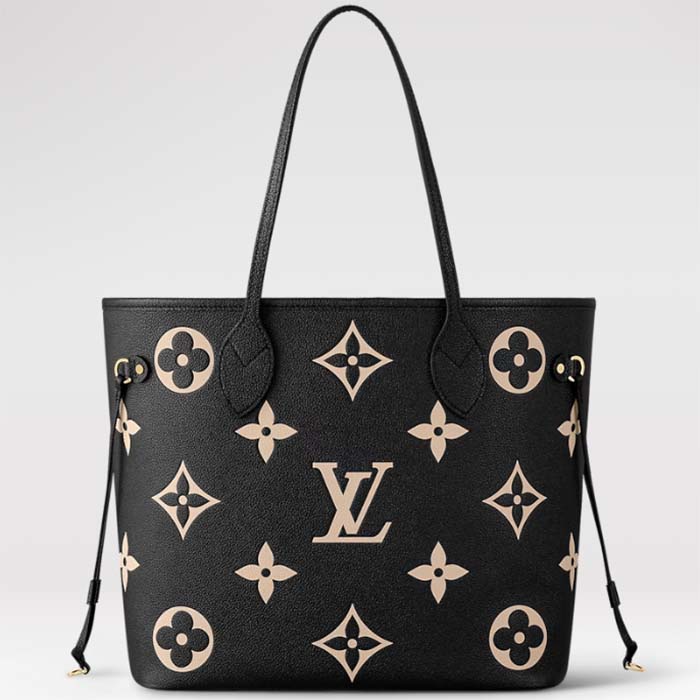 Louis Vuitton Women LV Neverfull MM Black Monogram Embossed Grained Cowhide Leather M58907