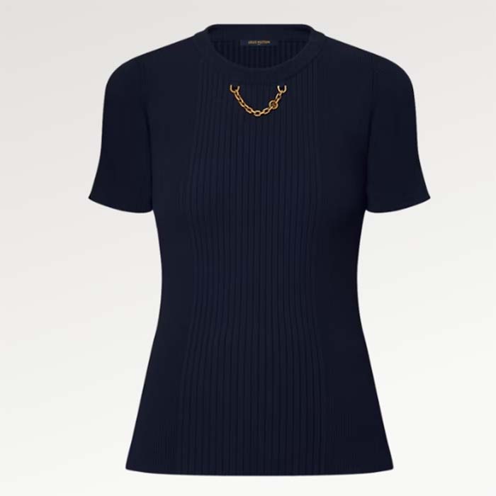 Louis Vuitton Women LV Ribbed Knit Top Wool Cashmere Dark Blue 1AFFRR