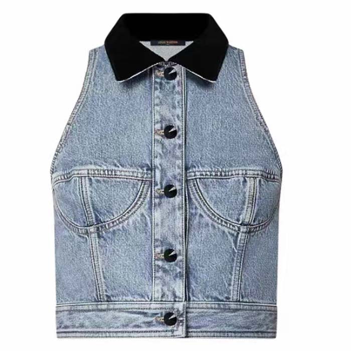 Louis Vuitton Women LV Sleeveless Velvet Accent Denim Jacket Cotton Blue 1AFEQ8