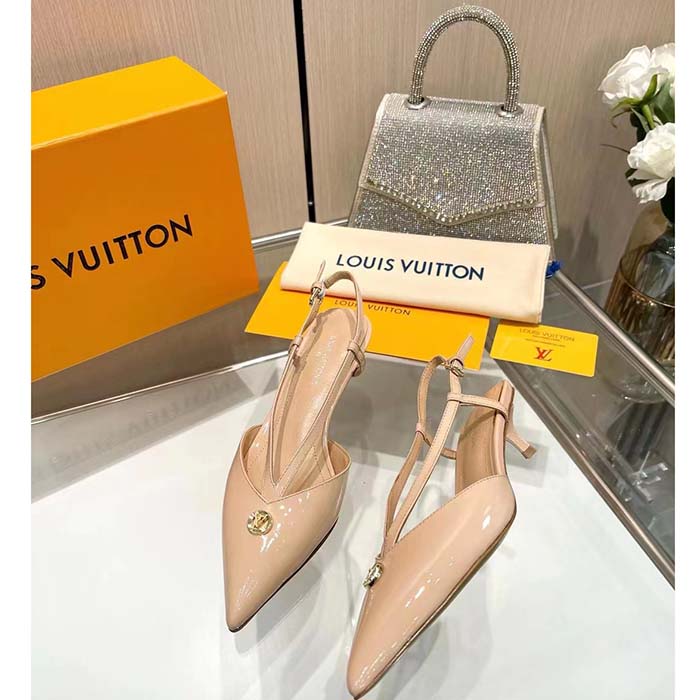 Louis Vuitton Women LV Stellar Slingback Pump Beige Glazed Patent Calf Leather Low Heel (8)