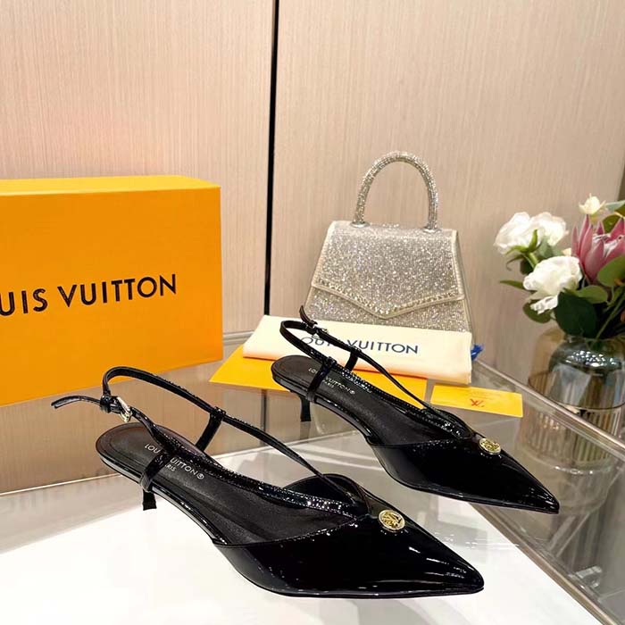 Louis Vuitton Women LV Stellar Slingback Pump Black Glazed Patent Calf Leather Low Heel