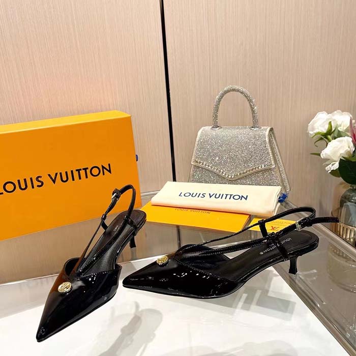 Louis Vuitton Women LV Stellar Slingback Pump Black Glazed Patent Calf Leather Low Heel (6)