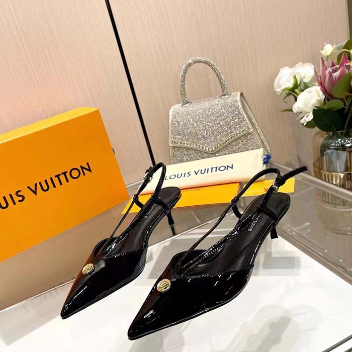 Louis Vuitton Women LV Stellar Slingback Pump Black Glazed Patent Calf Leather Low Heel (7)
