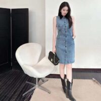 Louis Vuitton Women LV Velvet Accent Denim Dress Cotton Blue Regular Fit 1AFDDN (6)