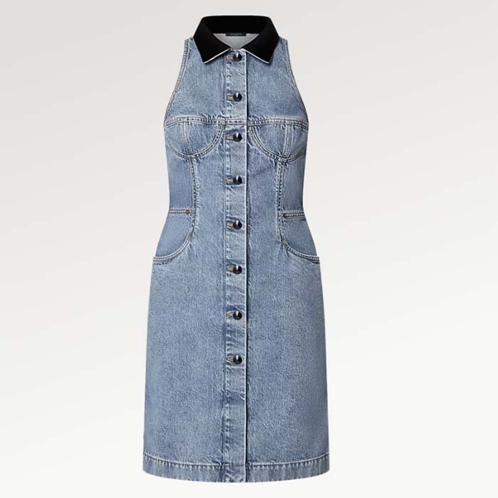 Louis Vuitton Women LV Velvet Accent Denim Dress Cotton Blue Regular Fit 1AFDDN