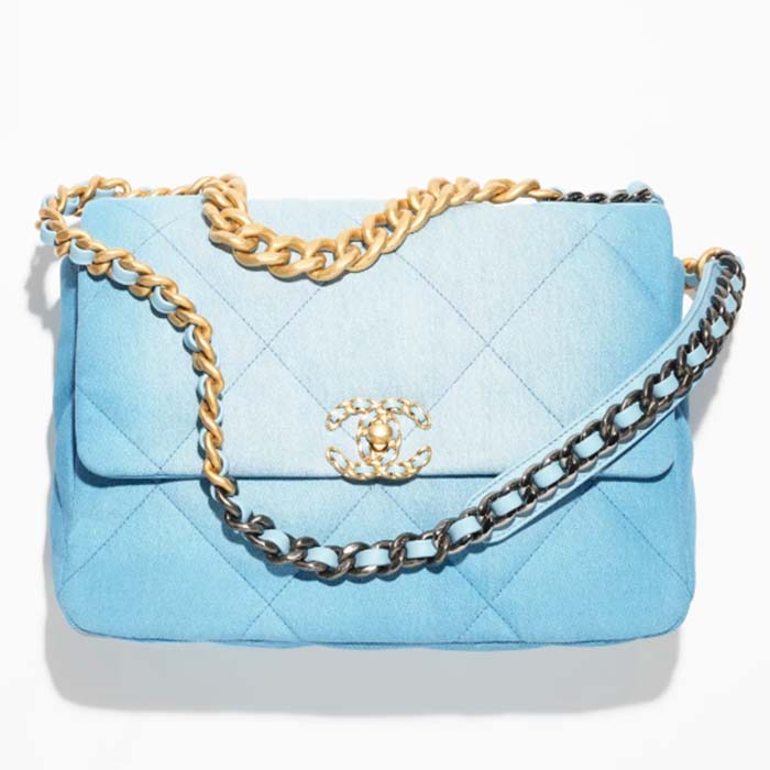 Chanel Women CC 19 Large Handbag Denim Gold Silver Tone Blue