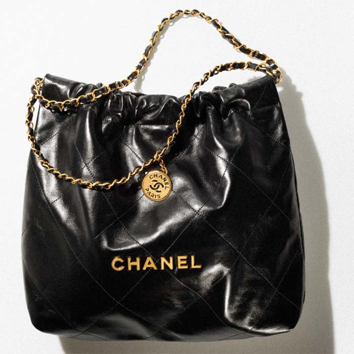 Chanel Women CC 22 Handbag Shiny Calfskin Gold-Tone Metal Black