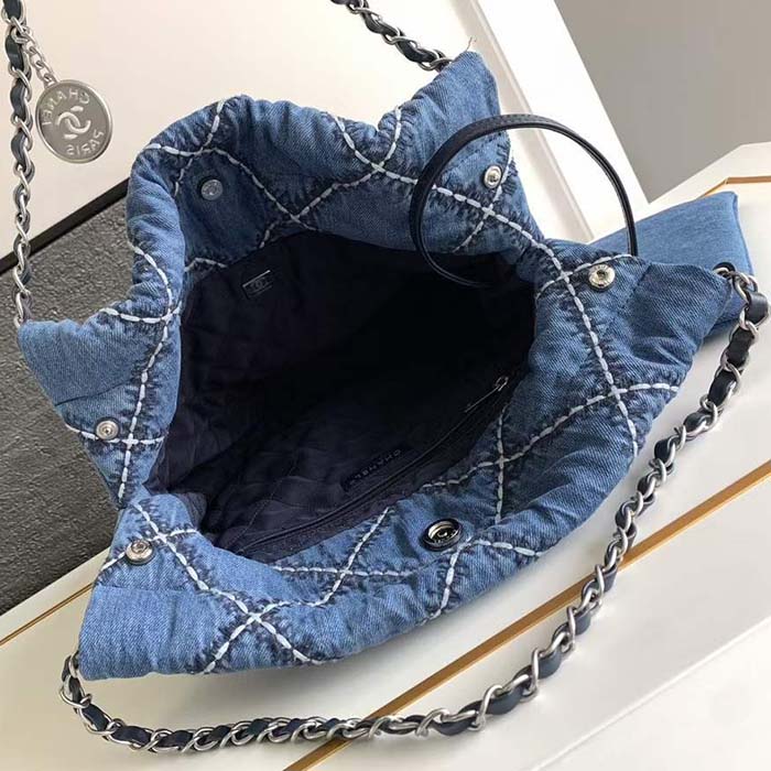 Chanel Women CC 22 Mini Handbag Stitched Denim Silver Metal Blue