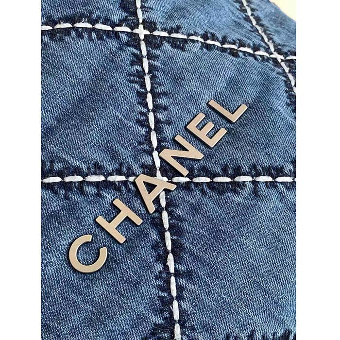 Chanel Women CC 22 Mini Handbag Stitched Denim Silver Metal Blue