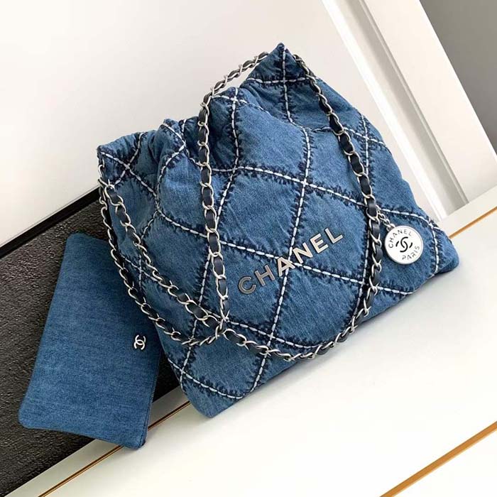 Chanel Women CC 22 Mini Handbag Stitched Denim Silver Metal Blue