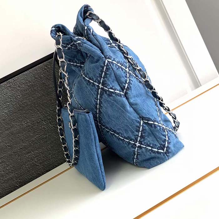 Chanel Women CC 22 Mini Handbag Stitched Denim Silver Metal Blue