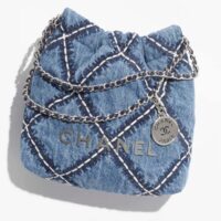 Chanel Women CC 22 Mini Handbag Stitched Denim Silver Metal Blue