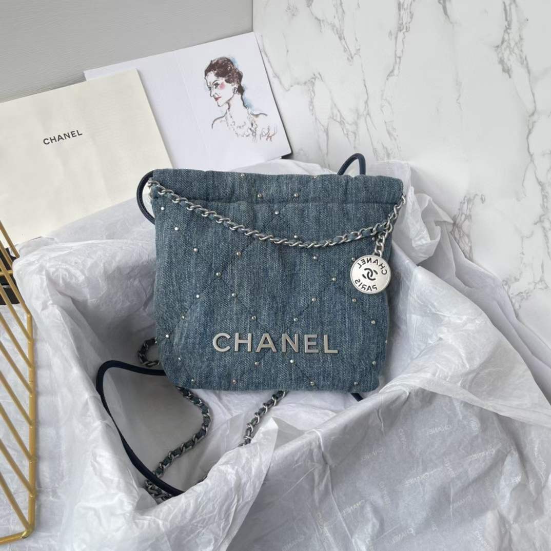 Chanel Women CC 22 Mini Handbag Washed Denim Silver-Tone Metal Blue